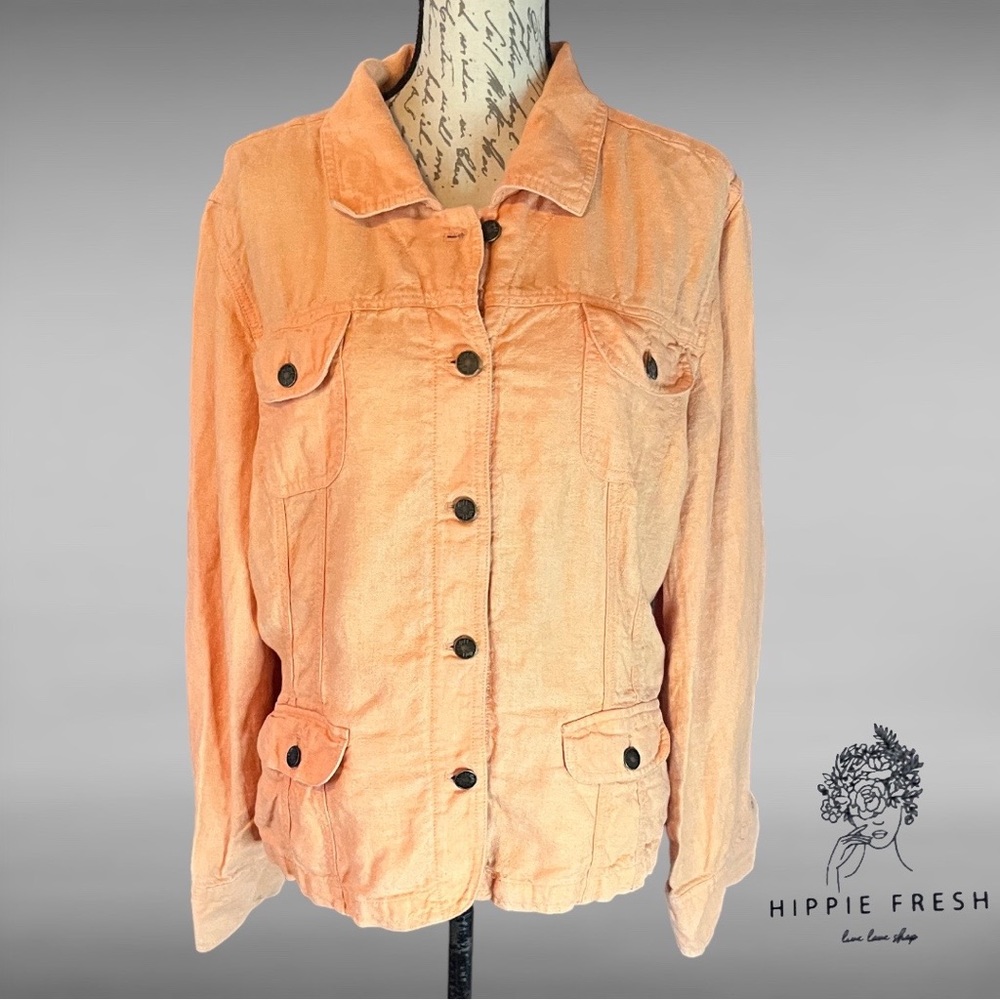 J. Jill 100% Linen Orange Sherbet Jean/ Utility Jacket Size XL
